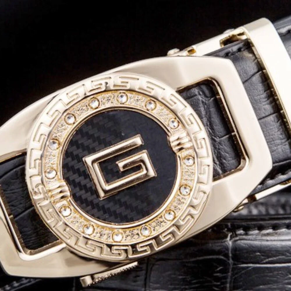 Black Leather Belt Automatic‎ Buckle Slide No Hole Strep Ratchet G Gold Diamond
